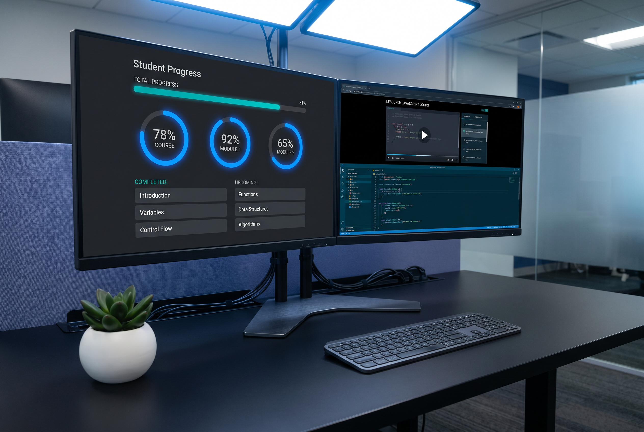 Stackora öğrenci platformu — ilerleme çizelgeleri ve ders videosu paneli