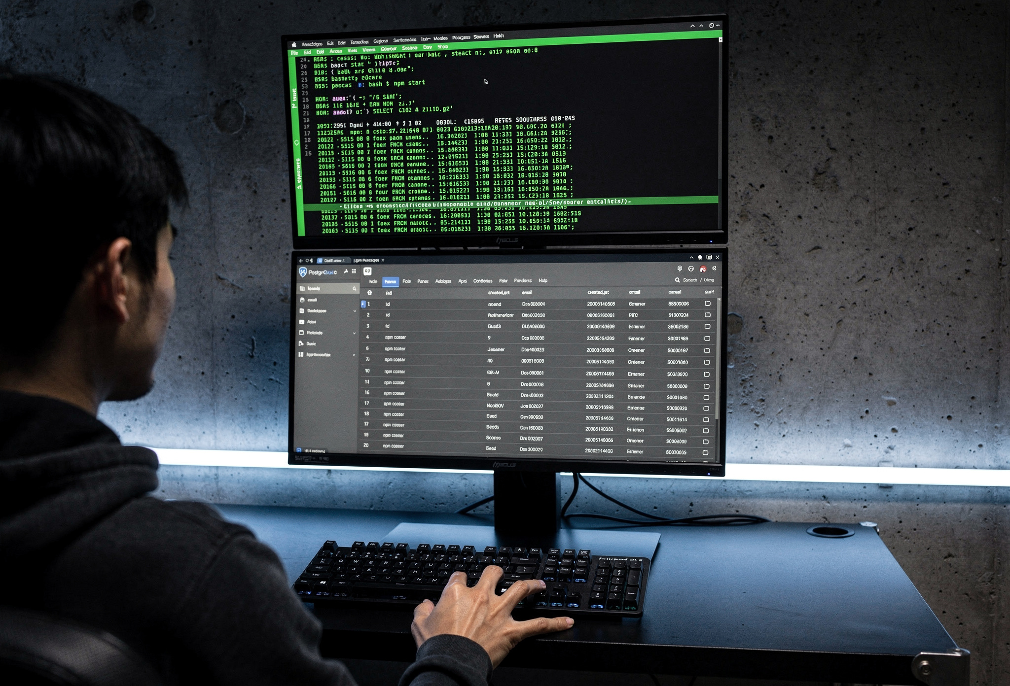 Backend geliştirme — terminal ve sunucu kodu ekranı